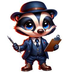 Adorable cartoon raccoon in a blue suit and hat holding a clipboard and pen, giving a professional and charming vibe.