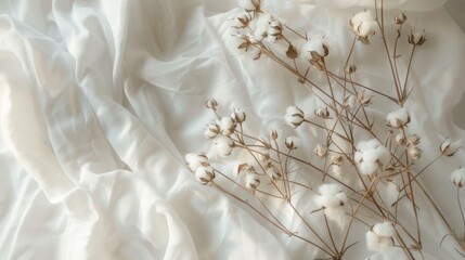 Soft White Cotton Bolls Lying On Delicate Textured Fabric In Gentle Light. Generative AI
