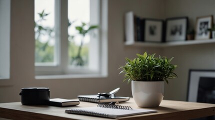 Modern home office workspace featuring a potted plant, notebooks, and essential accessories on a wooden desk with natural light from a window, creating a serene and productive environment.