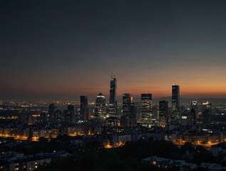 Obraz premium Stunning twilight cityscape with illuminated skyscrapers and urban skyline, perfect for showcasing modern city life and architecture, ideal for commercial marketing and travel promotions.