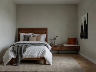 Minimalist bedroom with wooden furniture, cozy bedding, and neutral tones, perfect for a modern and serene atmosphere, ideal for microstock imagery and interior design inspiration.