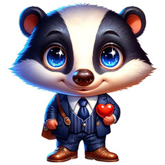 Cute cartoon badger in a business suit holding a heart. Adorable perfect for children's content, business themes, and cards.