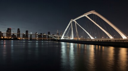 Naklejka premium Stunning night cityscape featuring a modern illuminated bridge and skyline reflections on calm water, perfect for urban architecture and travel-themed projects.