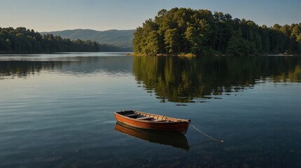 Serene lake landscape with a solitary wooden boat floating peacefully, surrounded by lush green trees and distant mountains, perfect for nature lovers and relaxation-themed projects.