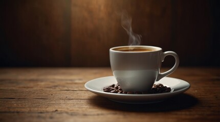 Obraz premium Steaming cup of hot coffee in a white mug with coffee beans on the saucer, set against a rustic wooden background, perfect for cafes, coffee shops, and warm beverage promotions.