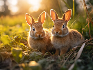 Fototapeta premium A pair of cute hares enjoy the serene life in a grassy meadow
