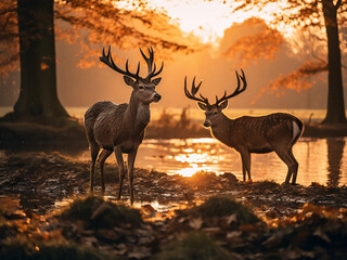 In the autumnal glow, a deer and doe enjoy the sunset's warmth