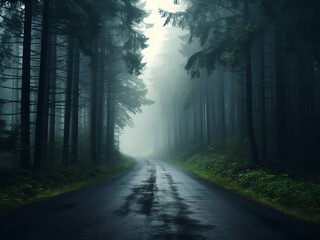 A forest veiled in early summer fog with an asphalt road cutting through