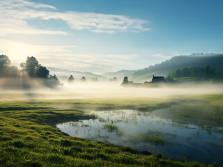Fototapeta premium Step into the serene beauty of a foggy rural meadow in summer