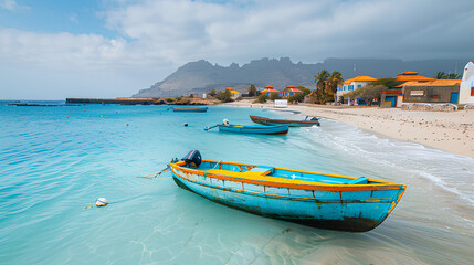 landscape of The Cape Verde islands in the early morning with houses on the sea coast. Old boats in the foreground.
