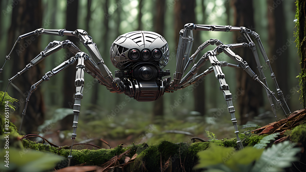 Wall mural robot spider spinning a web in the forest, generative ai