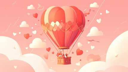 Illustration of a red hot air balloon carrying a Valentine s Day love card in a charming cartoon style perfect for celebrating Mother s Day or a birthday