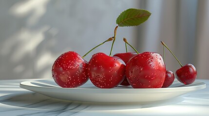 Big, juicy red cherry Place on a white plate