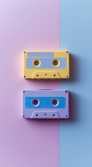 Fototapeta premium audio cassette tapes on pastel violet background.Minimal creative vintage art and musical concept.Flat lay