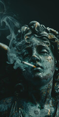 Sculpture smoking a cigarette.Minimal creative art and health concept.