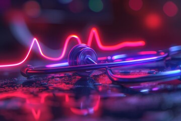 Obraz premium Vibrant neon stethoscope on a reflective wet surface, illustrating the reflective and introspective nature of healthcare practices