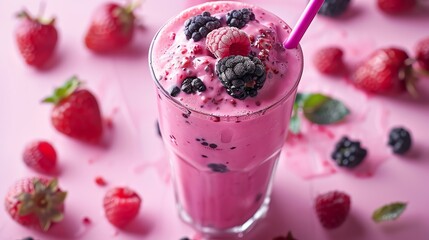 Healthy drinks, Refreshing strawberry, raspberry, and blackberry smoothie with a pink straw. - Powered by Adobe