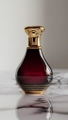 Elegant perfume bottle with gold accents and a deep red glass body.