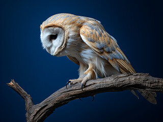 A wild barn owl's claws grip a wooden branch against a blue backdrop