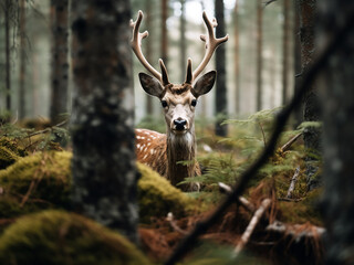 In the Swedish countryside, a curious deer approaches closely, exuding curiosity