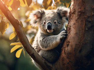 Obraz premium A tree serves as a resting spot for a delightful Australian koala during the day