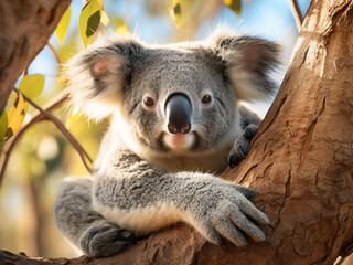 Obraz premium An Australian koala enjoys daytime relaxation in a tree, radiating cuteness