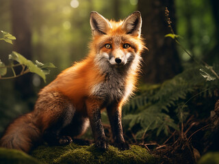 Fototapeta premium An alert fox, crafted by artificial intelligence, roams the forest with curiosity