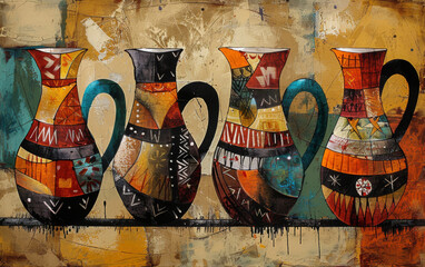 Vibrant abstract painting of four colorful ceramic pitchers with geometric patterns on a rustic background.