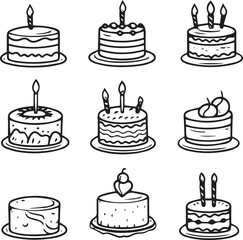 Birthday Cake Line Art Vector Set