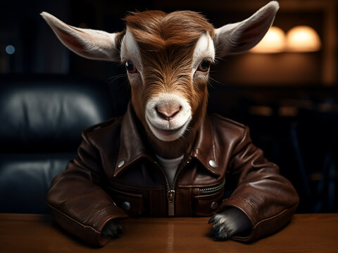 A playful goat, dressed in a brown leather jacket, captures attention as it poses