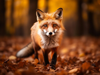 Fototapeta premium A majestic red fox gracefully races through a forest adorned with autumn leaves