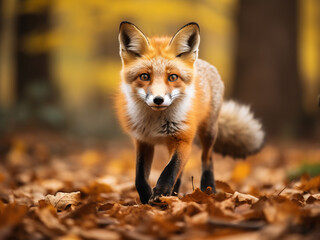 Amidst vibrant fall colors, a beautiful red fox moves gracefully through the forest