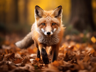 Fototapeta premium Nature's beauty unfolds as a red fox elegantly navigates a fall forest scene