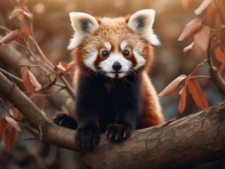 Fototapeta premium A red panda portrayed with playful charm as it sits atop a branch, courtesy of AI