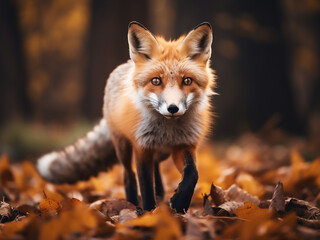 A captivating wildlife scene captures a red fox swiftly maneuvering through autumn leaves