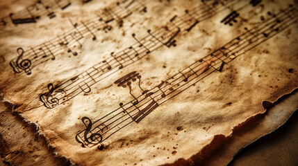 Old, weathered sheet of music paper with handwritten notes, showing signs of age and wear.