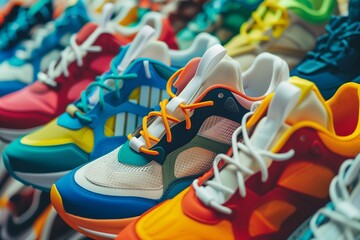 A closeup view of a collection of vibrant sneakers