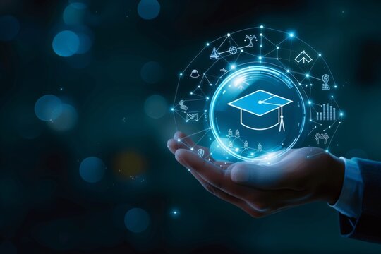 Hand holding virtual graduation cap, representing online education and technology in learning, with futuristic digital interface. 