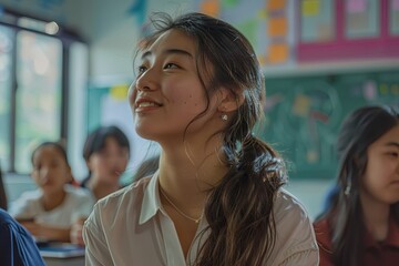 Smiling young woman attentively listening in classroom setting with peers