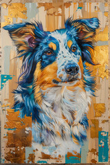 painting of a australian sheperd with gold foil, in the style of cyan and beige