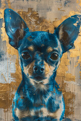 painting of a chihuahua with gold foil, in the style of cyan and beige
