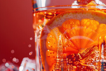 Close-up of Sparkling Orange Beverage with Lemon Slice and Ice