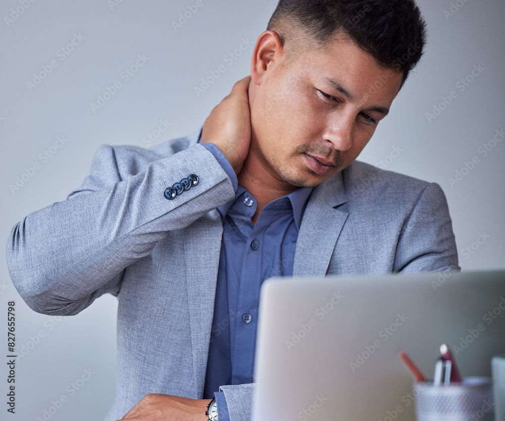 Aufkleber man, employee and neck pain with laptop in office with internet or online for research ideas. exhaus