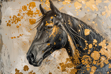 painting of horse with gold foil, in the style of black and beige