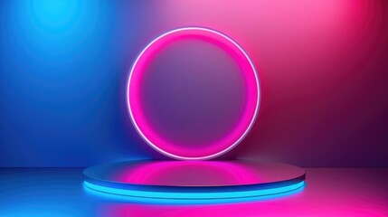 Abstract background with podium for product presentation, neon lights, blue and pink colors,