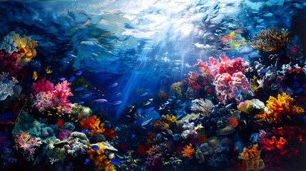 Obraz premium A colorful coral reef teeming with marine life beneath the ocean surface