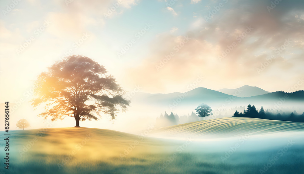 Canvas Prints Field and tree landscape in morning, natural colors, watercolor painting art.