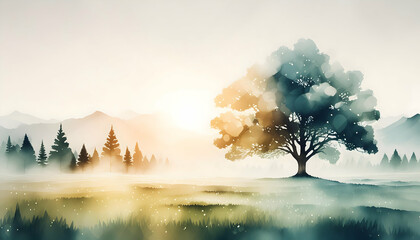 Field and tree landscape in morning, natural colors, watercolor painting art.