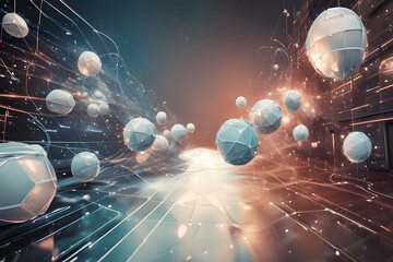 Abstract background with blue and purple lines and dots. The lines and dots appear to form a spherical shape in the center of the image. The overall impression is one of movement and energy.