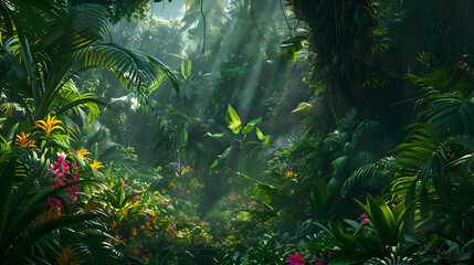 A dense jungle with exotic wildlife and vibrant tropical flowers